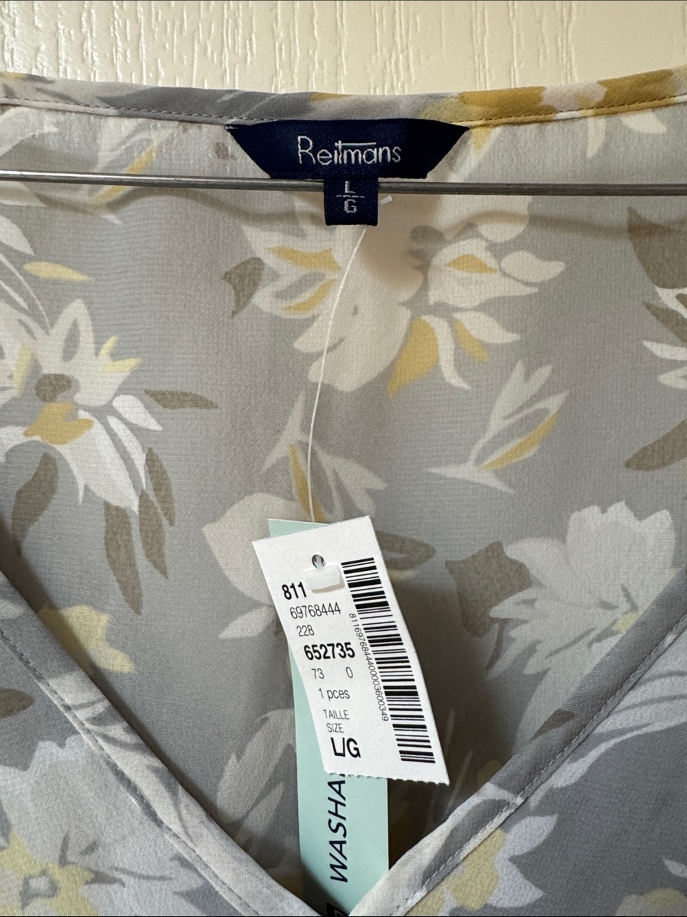Reitmans Gray Floral V-Neck Short Sleeve Blouse with Yellow Accents - Picture 2 of 3